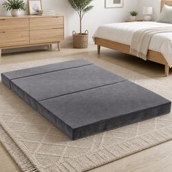 Foldable Foam Mattress Double Bed Sofa Grey Velvet Folding Storage Sleeping Mat