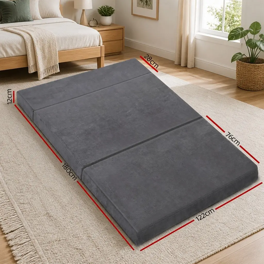 Foldable Foam Mattress Velvet Grey Double Bed Sofa 180 x 122 x 12 cm