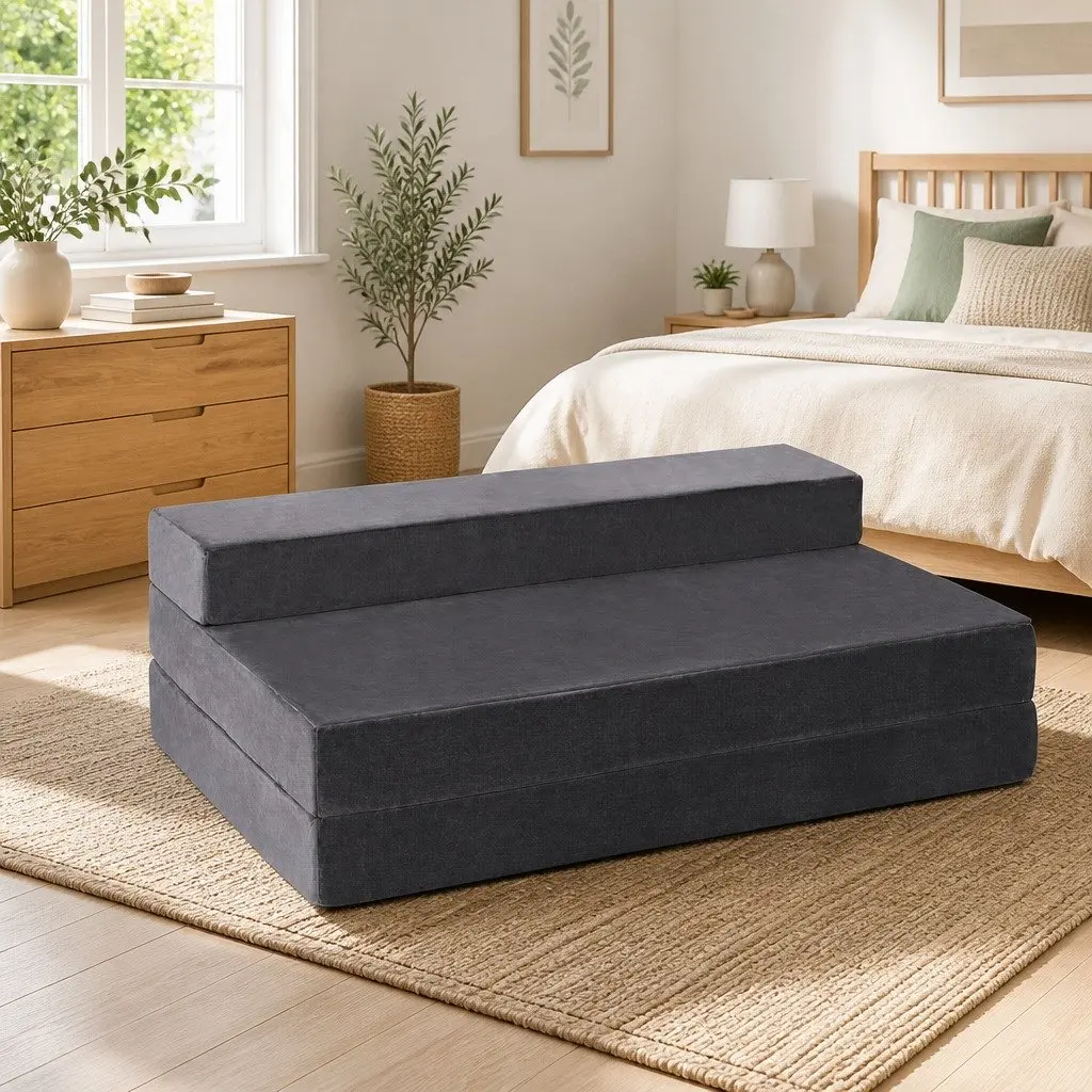 Foldable Foam Mattress Velvet Grey Double Bed Sofa 180 x 122 x 12 cm