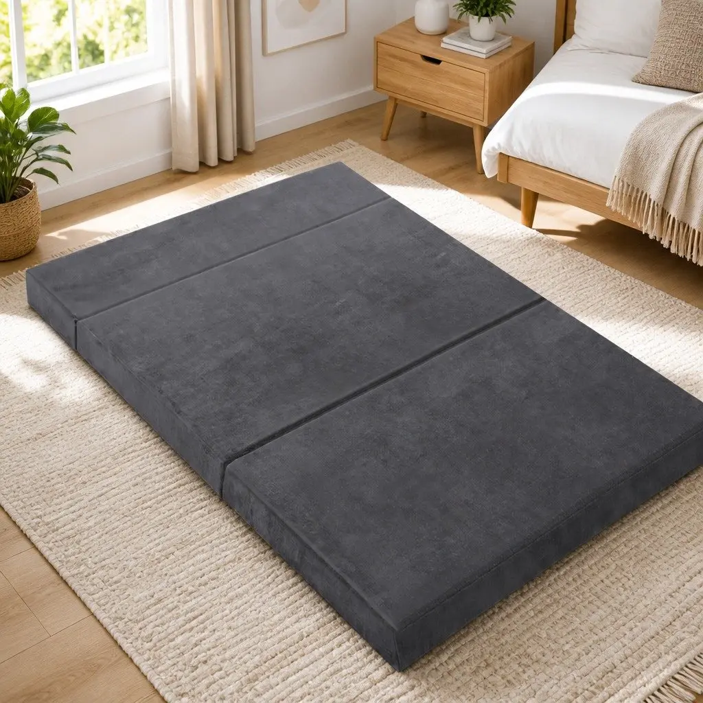 Foldable Foam Mattress Velvet Grey Double Bed Sofa 180 x 122 x 12 cm