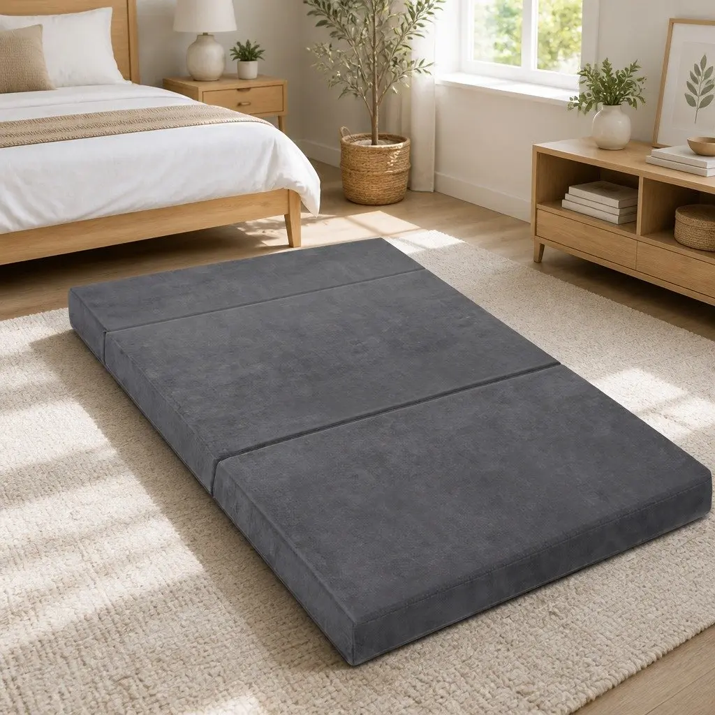 Foldable Foam Mattress Velvet Grey Double Bed Sofa 180 x 122 x 12 cm