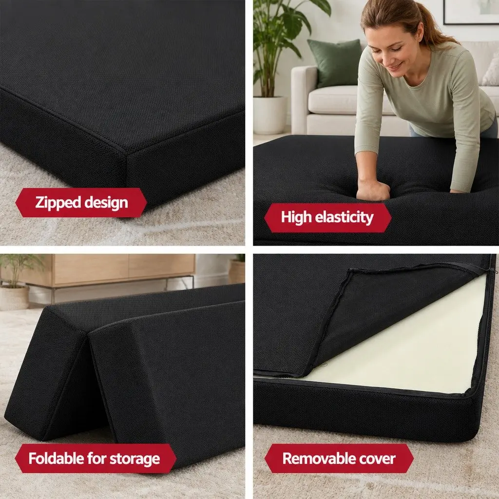 Foldable Foam Mattress Sofa Bed Double Black Convertible Guest Sleeping Mat
