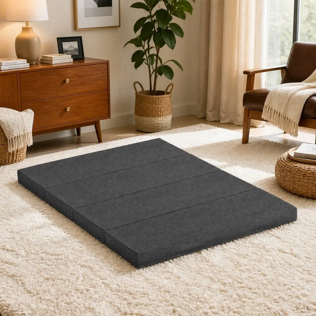 Foldable Foam Mattress Queen Size Grey Portable Convertible Bed Chair
