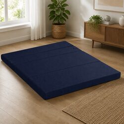 Durable 4-Fold Foam Mattress Portable Guest Bed Blue Double