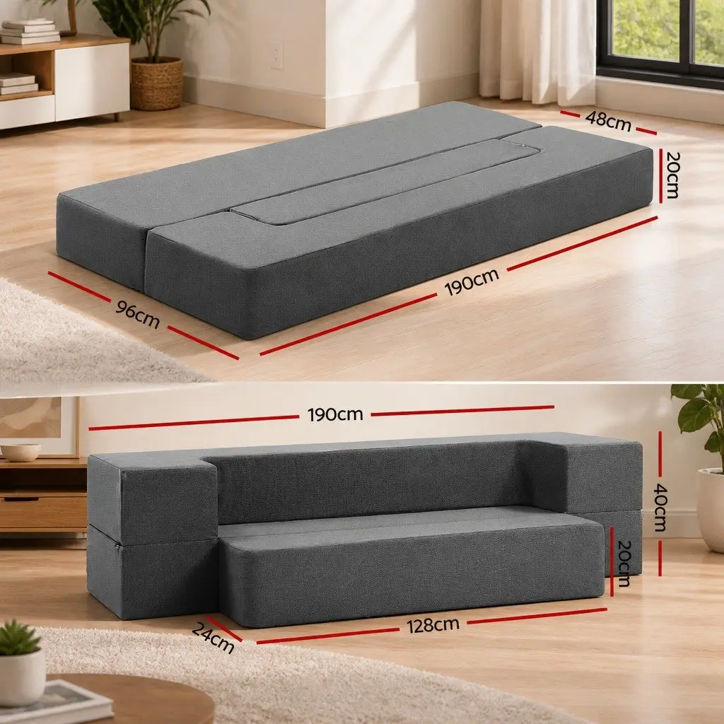 Foldable Mattress Sofa Bed Ottoman Chair Foam Grey Removable Cover 190cm