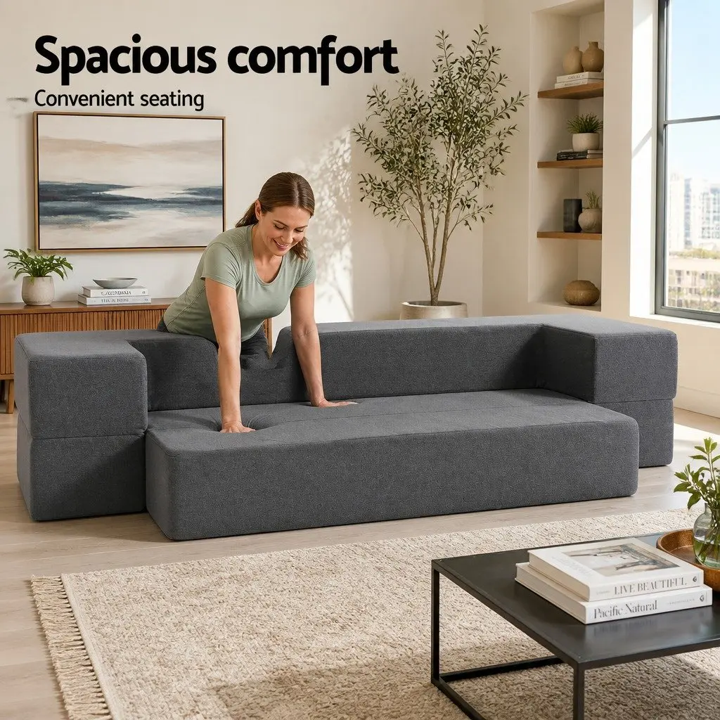 Foldable Mattress Sofa Bed Ottoman Chair Foam Grey Removable Cover 190cm