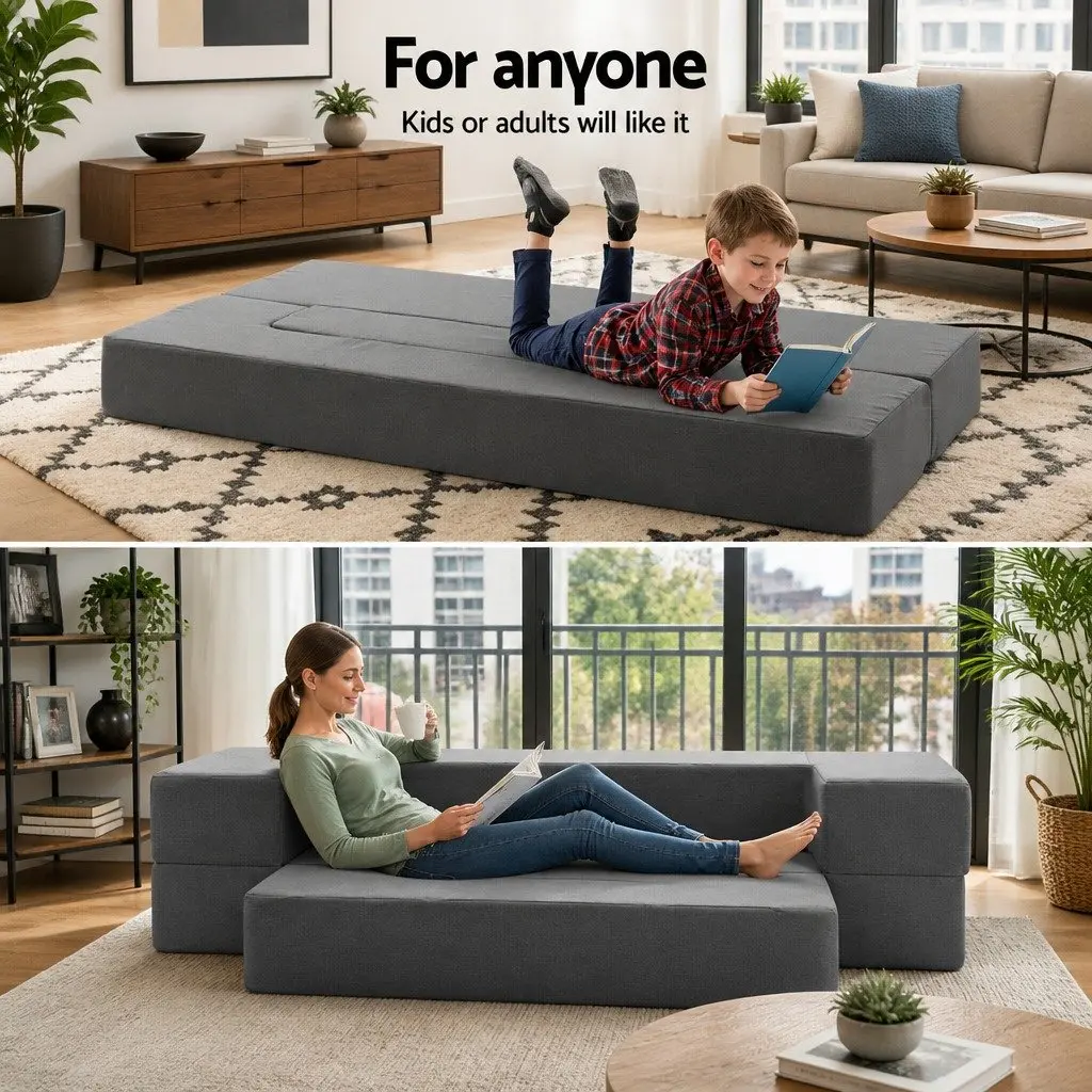 Foldable Mattress Sofa Bed Ottoman Chair Foam Grey Removable Cover 190cm
