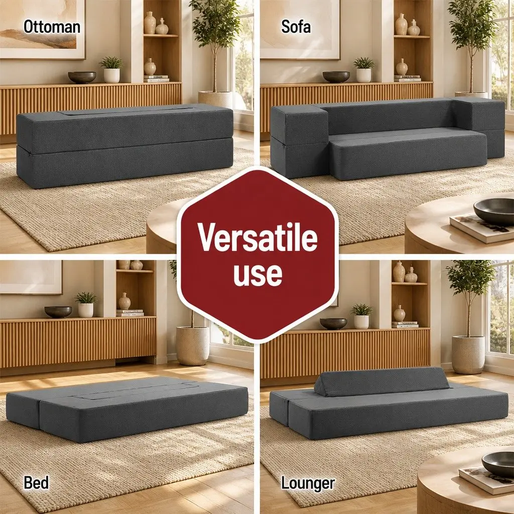 Foldable Mattress Sofa Bed Ottoman Chair Foam Grey Removable Cover 190cm