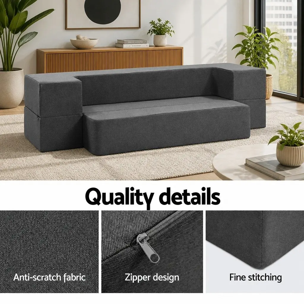 Foldable Mattress Sofa Bed Ottoman Chair Foam Grey Removable Cover 190cm