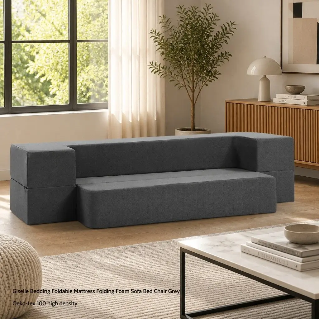 Foldable Mattress Sofa Bed Ottoman Chair Foam Grey Removable Cover 190cm