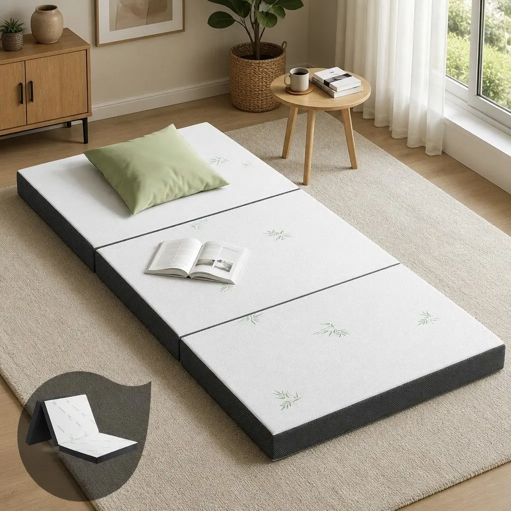 Single Foam Mattress Bamboo Fabric 190cm x 79cm White Grey Foldable Bed Chair