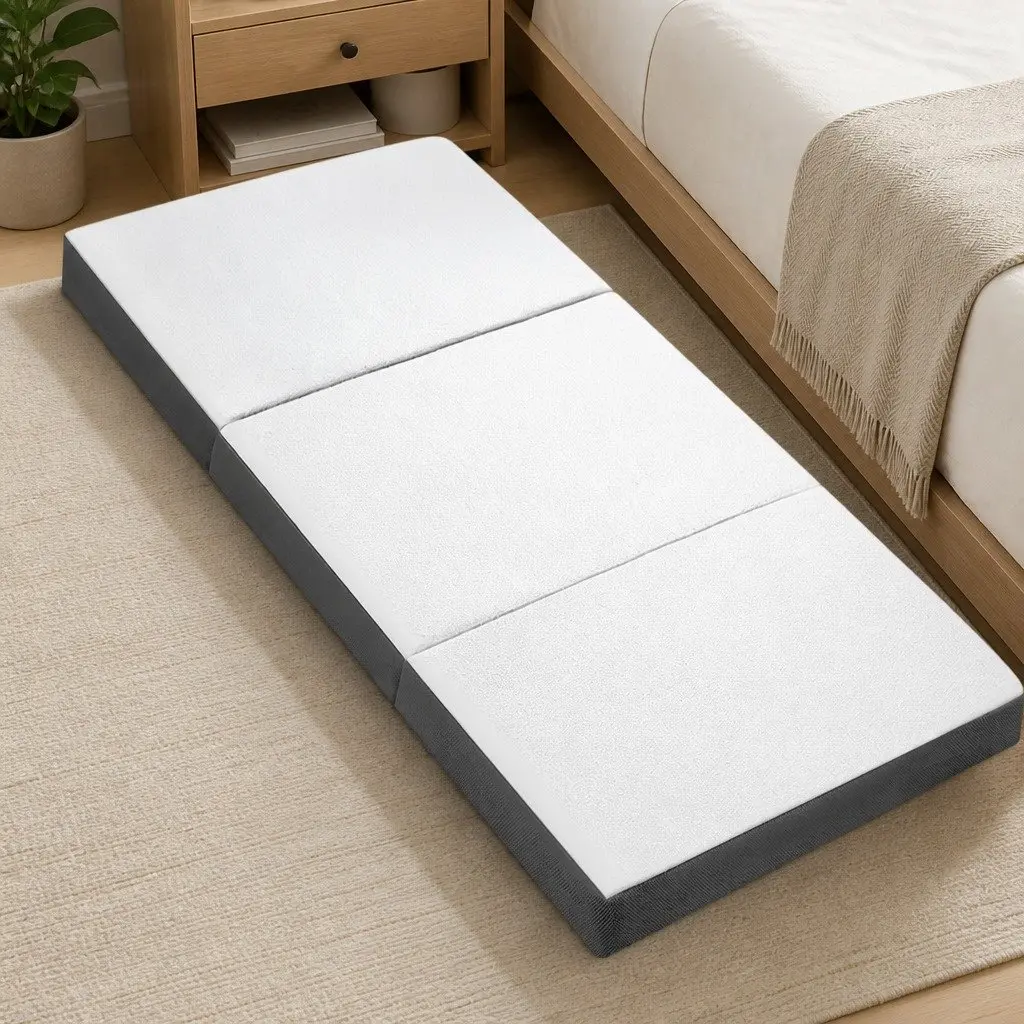 Single Foam Mattress Bamboo Fabric 190cm x 79cm White Grey Foldable Bed Chair