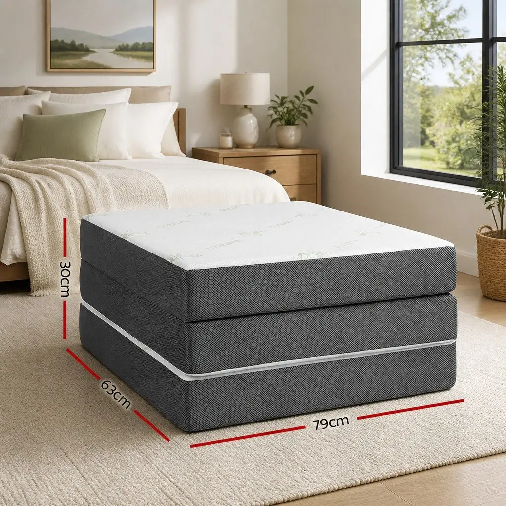 Single Foam Mattress Bamboo Fabric 190cm x 79cm White Grey Foldable Bed Chair