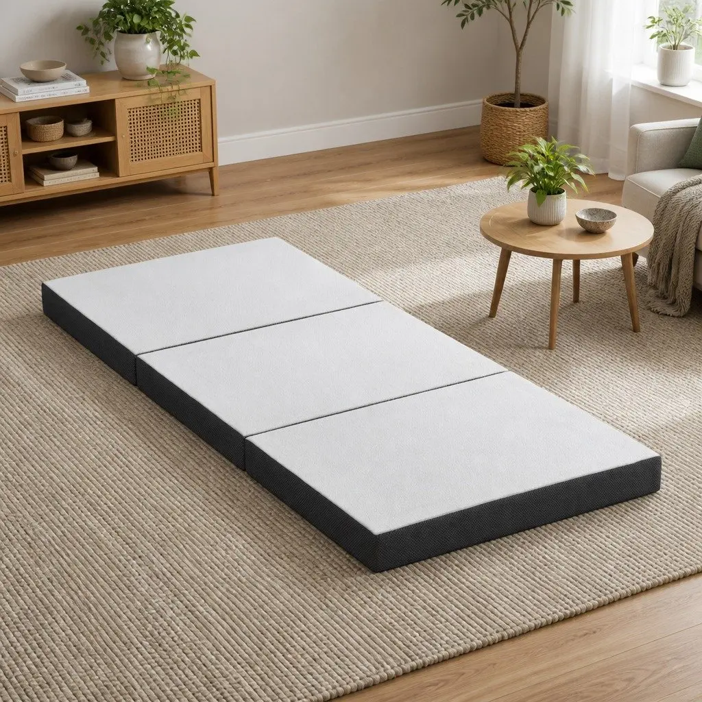 Single Foam Mattress Bamboo Fabric 190cm x 79cm White Grey Foldable Bed Chair