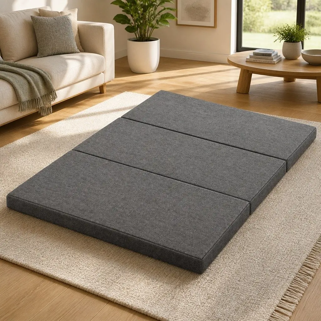 Foldable Foam Mattress Queen Bed Tri-Fold Chair Sofa Dark Grey Portable Storage