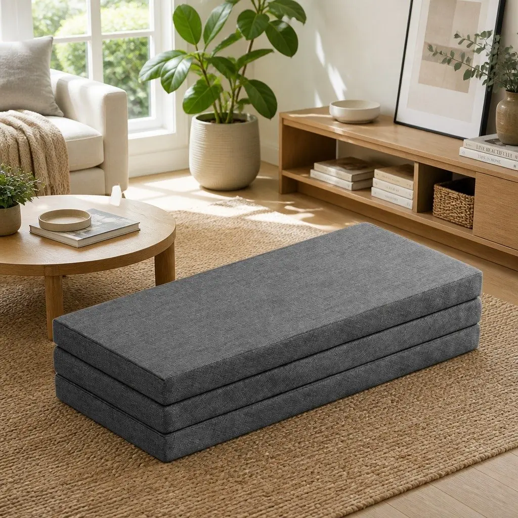 Foldable Foam Mattress Queen Bed Tri-Fold Chair Sofa Dark Grey Portable Storage