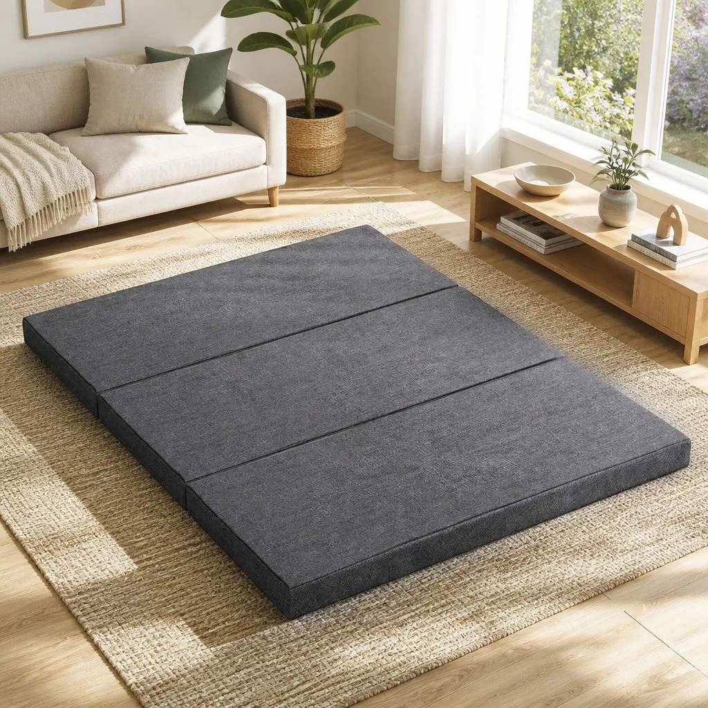 Foldable Foam Mattress Queen Bed Tri-Fold Chair Sofa Dark Grey Portable Storage