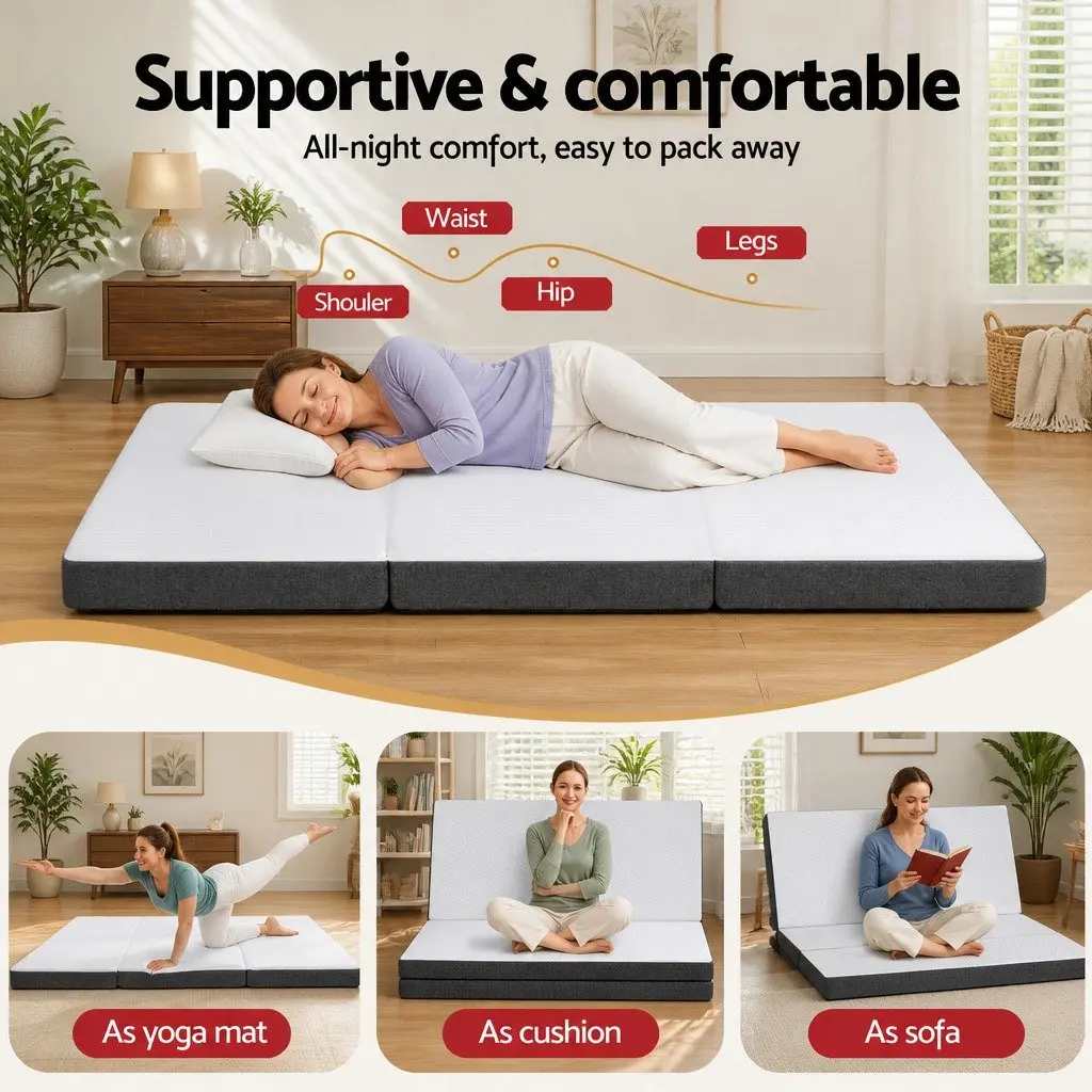 Queen Mattress Memory Foam 3-Fold Convertible Black Tencel Jacquard Cover