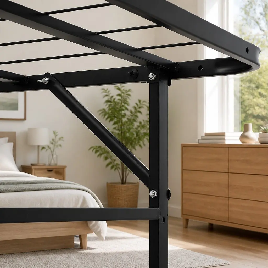 Double Bed Frame Folding Metal Base Black Portable Foldable Storage Bed