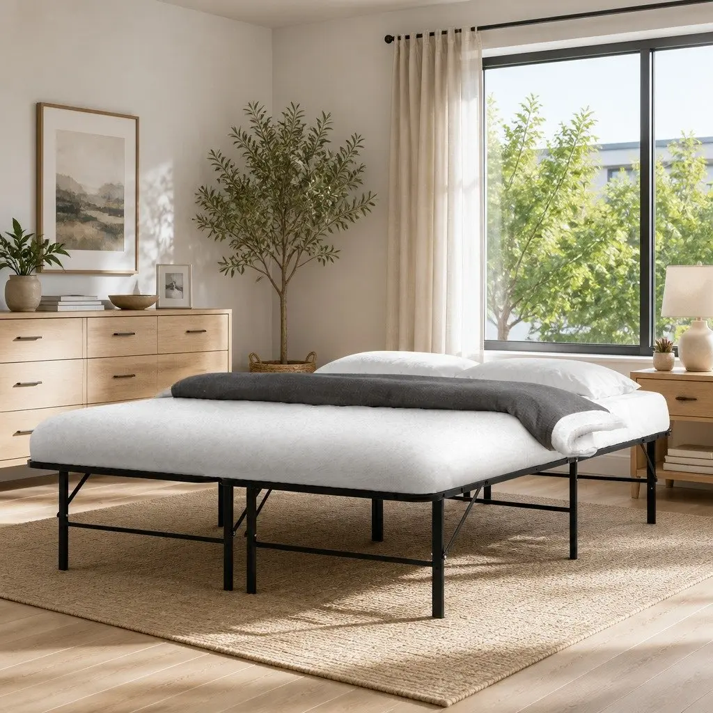 Double Bed Frame Folding Metal Base Black Portable Foldable Storage Bed