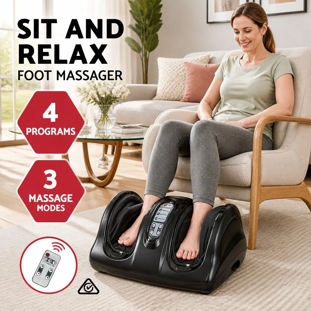 Electric Foot Massager Shiatsu Kneading Roller Black with Remote Control Adjustable Intensity for Home Use