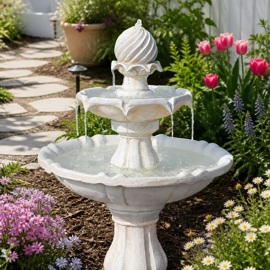Solar Water Feature Polyresin Three Tier Fountain 90CM Ivory