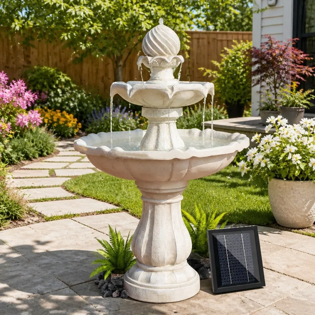 Solar Water Feature Polyresin Three Tier Fountain 90CM Ivory