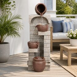Solar Water Fountain 4-Tier Cascading Outdoor Indoor Feature Brown Polyresin Pot