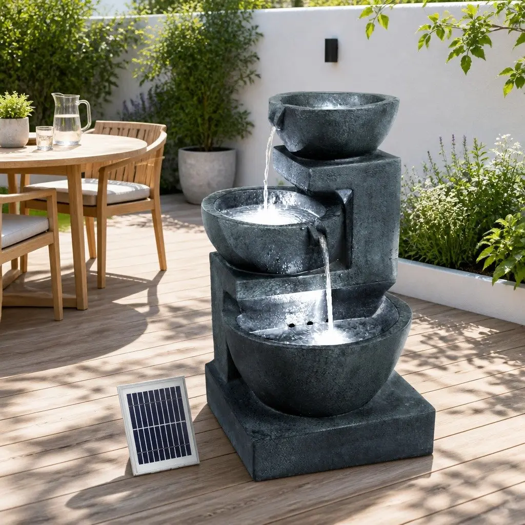 Solar Water Fountain Polyresin 60CM Blue 3-Tier Cascading Bowl with LED Lights