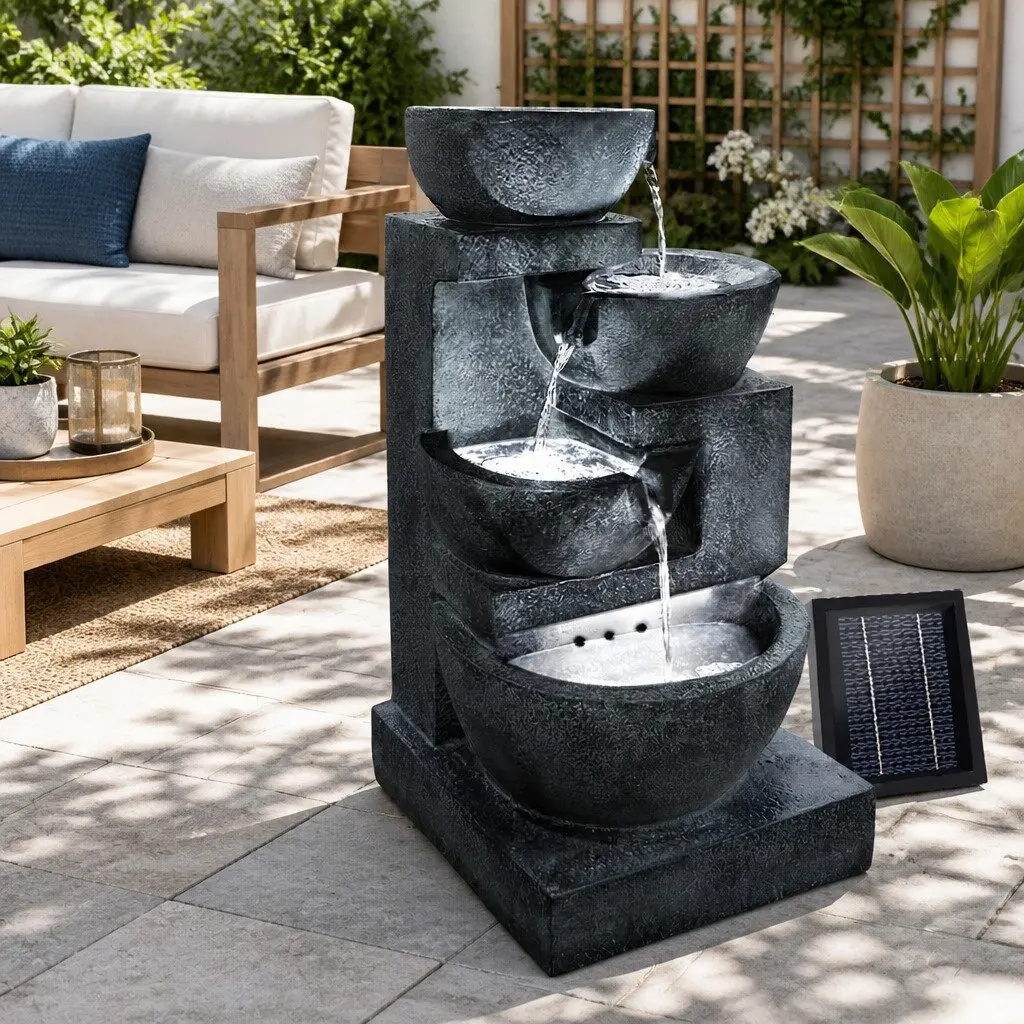Solar Water Fountain Polyresin 72CM Blue Outdoor Garden 4-Tier Cascading Bowl with LED Lights