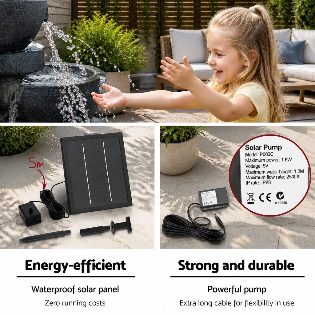 Solar Water Fountain Polyresin 72CM Blue Outdoor Garden 4-Tier Cascading Bowl with LED Lights