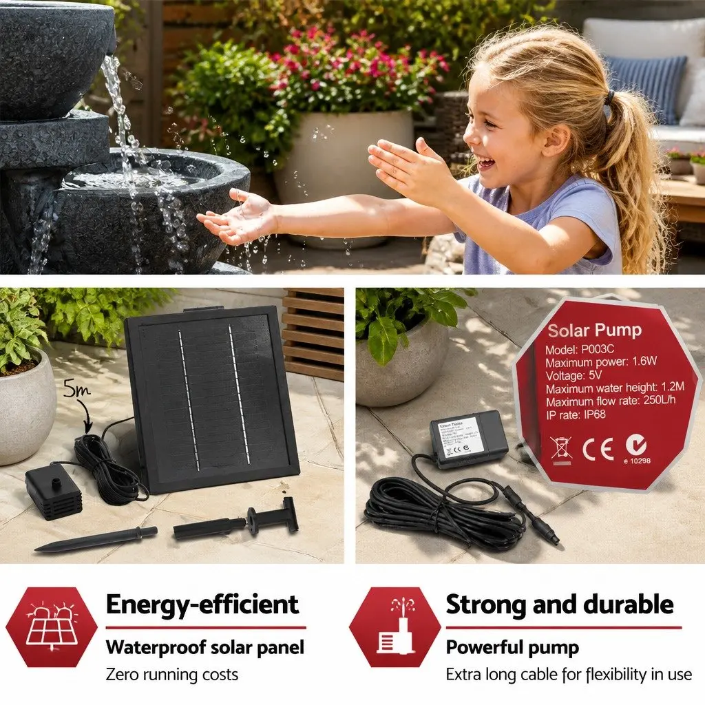 Solar Water Fountain Polyresin 72CM Blue Outdoor Garden 4-Tier Cascading Bowl with LED Lights