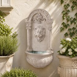 Beige Solar Wall Mount Garden Fountain with Lion Design