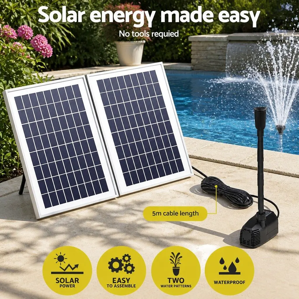 Solar Pond Pump Submersible Water Fountain Kit Polycrystalline Solar Panels 1600L/H Black