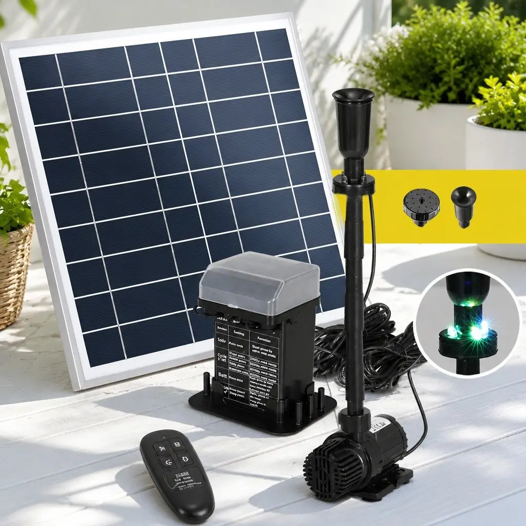 Solar Pond Pump Fountain Black Adjustable Height 9.8FT with LED Lights Battery Backup