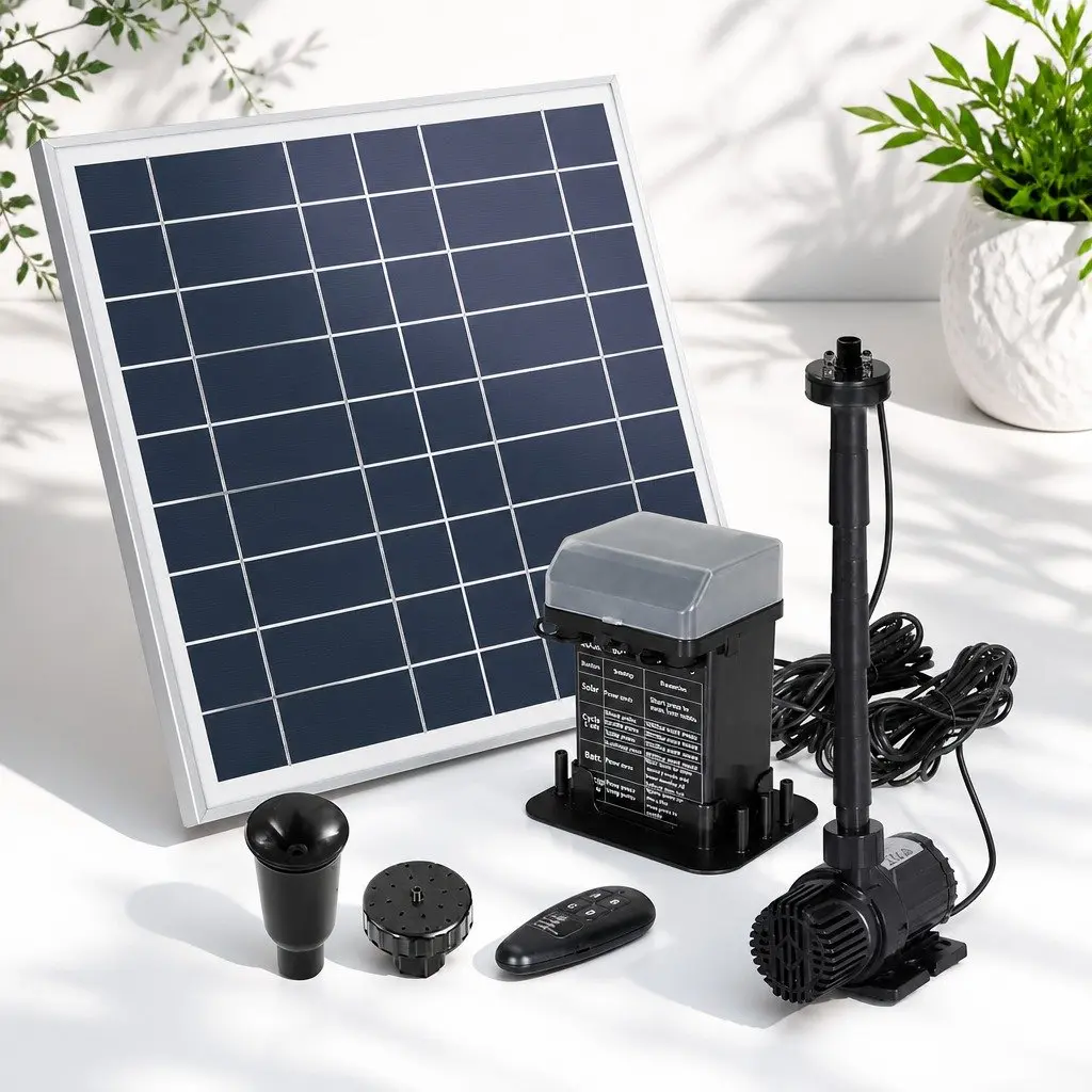Solar Pond Pump Fountain Black Adjustable Height 9.8FT with LED Lights Battery Backup