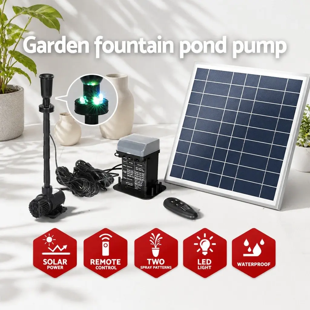 Solar Pond Pump Fountain Black Adjustable Height 9.8FT with LED Lights Battery Backup
