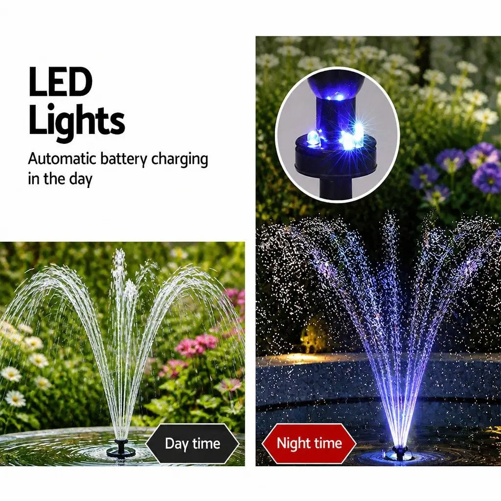 Solar Pond Pump Fountain Black Adjustable Height 9.8FT with LED Lights Battery Backup