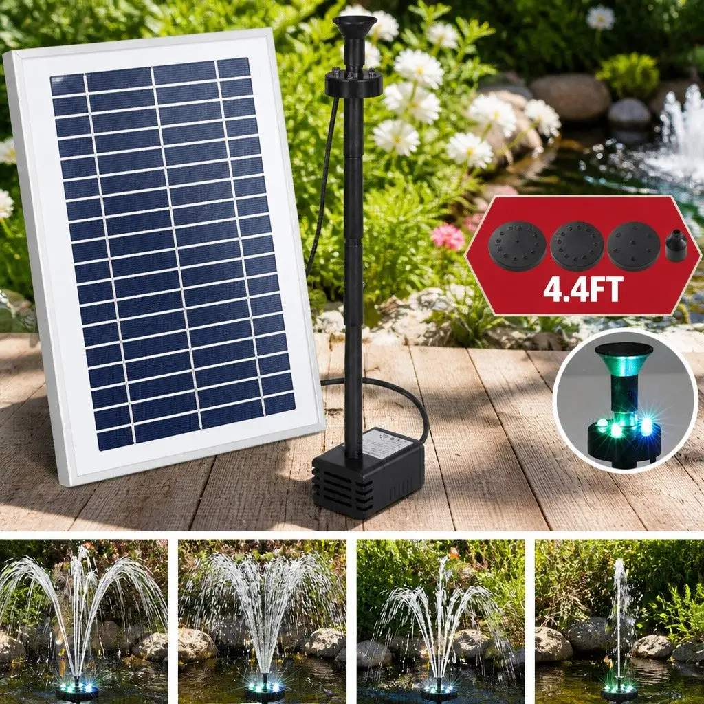 Solar Pond Pump Submersible Fountain Black 4.4FT with LED Lights Remote Control