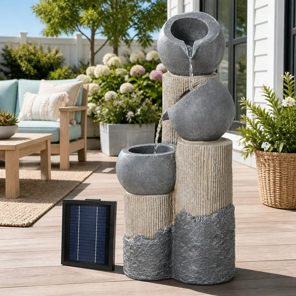 Solar Water Fountain Polyresin 76cm Grey 3-Tier Cascading Pot with LED Lights