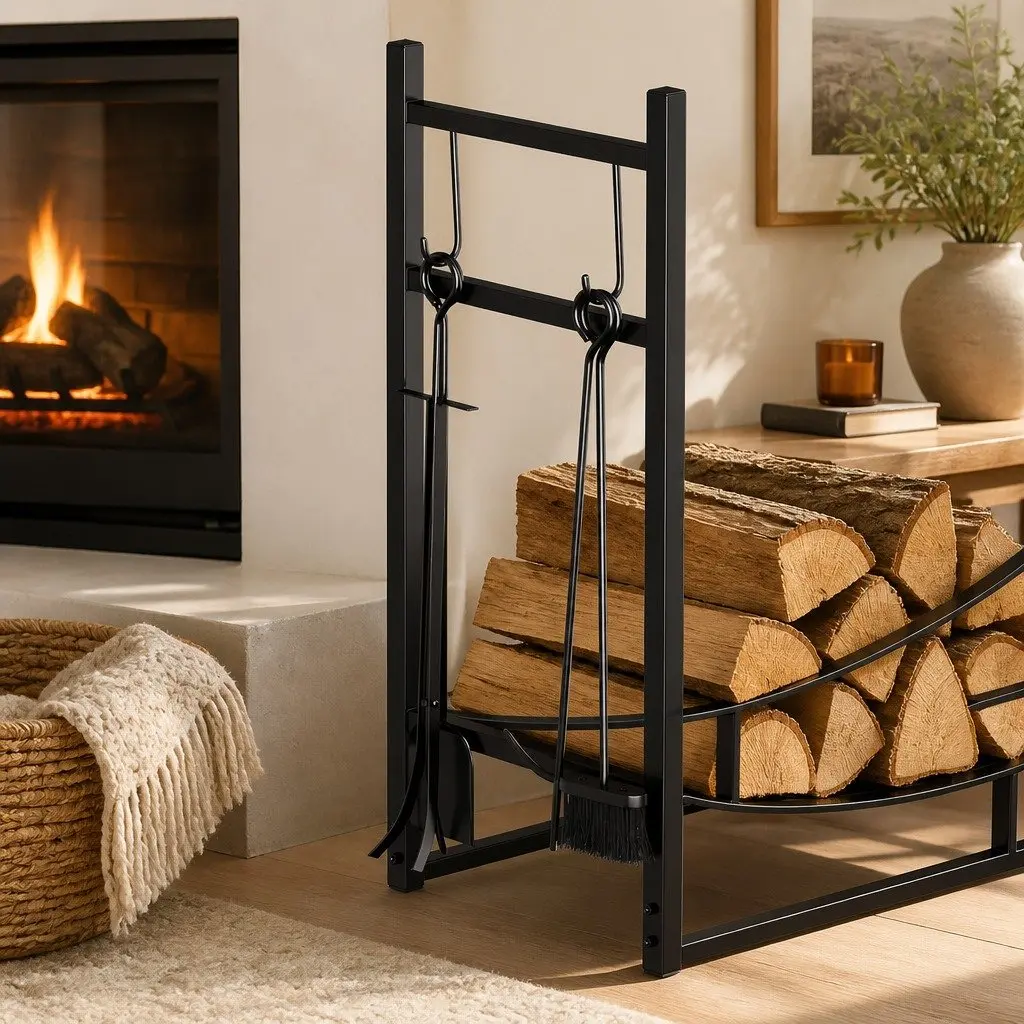 Firewood Rack Metal Heavy Duty Black with Fireplace Tools Set 5 Piece 84cm x 33cm x 76cm