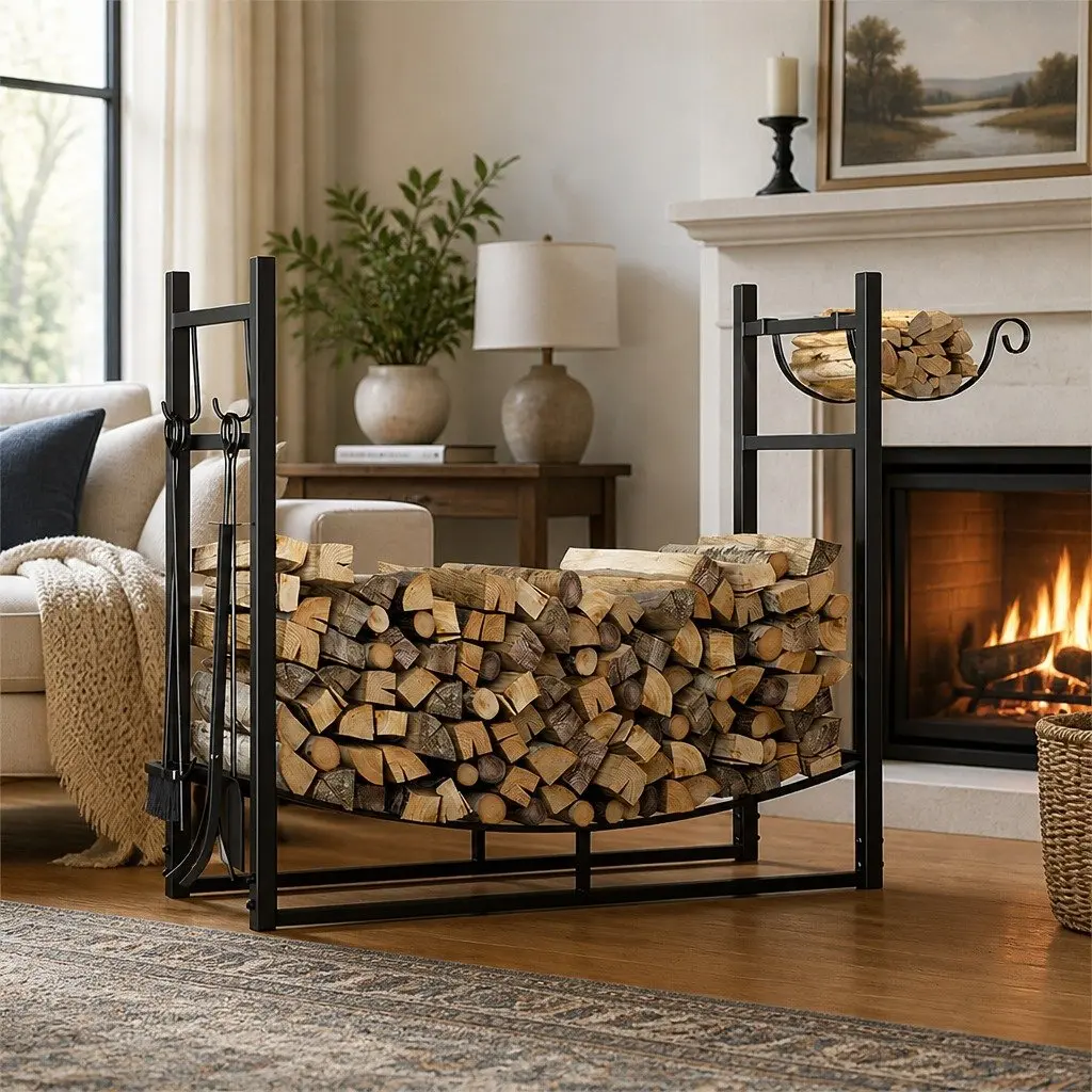 Firewood Rack Metal Heavy Duty Black with Fireplace Tools Set 5 Piece 84cm x 33cm x 76cm