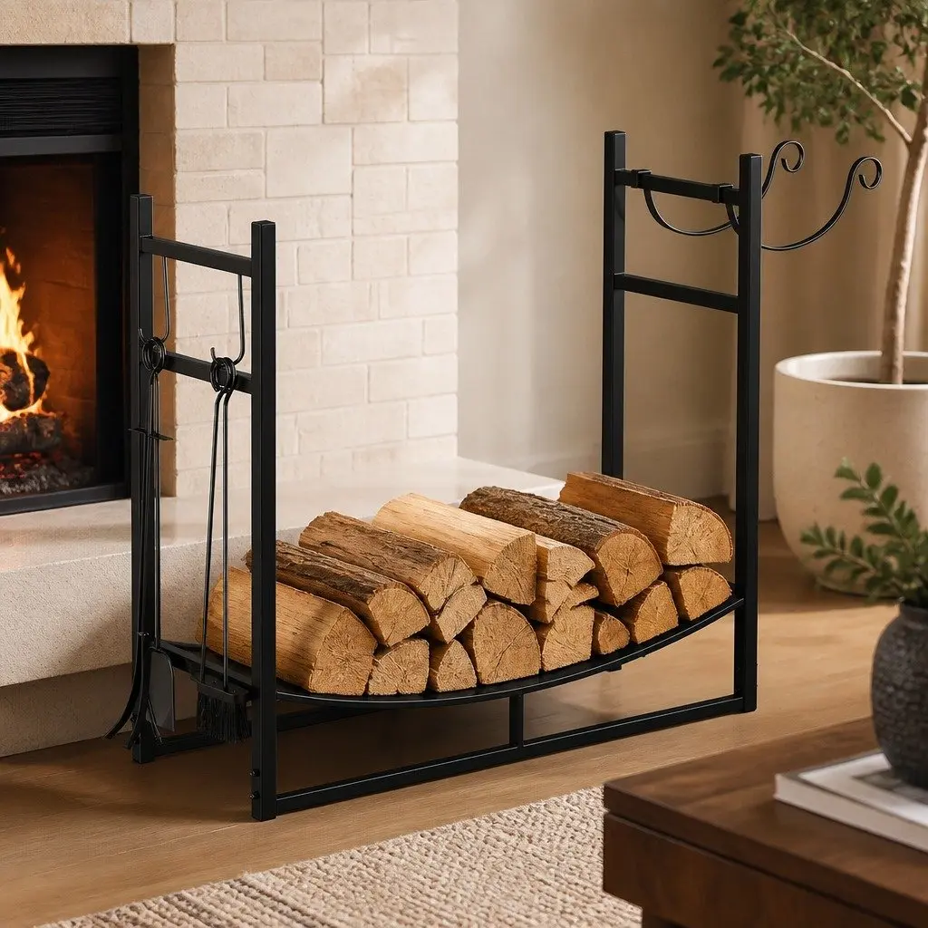 Firewood Rack Metal Heavy Duty Black with Fireplace Tools Set 5 Piece 84cm x 33cm x 76cm