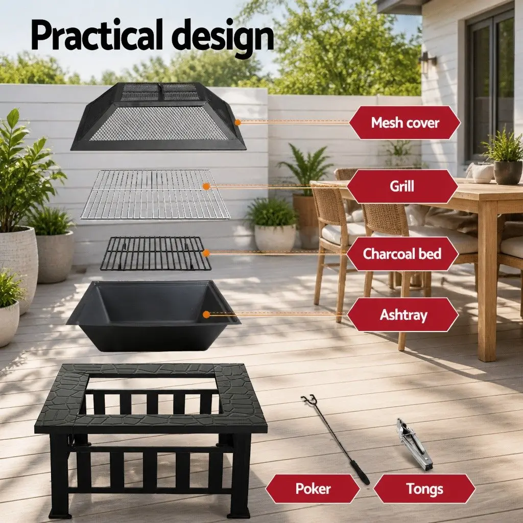 Fire Pit BBQ Grill Steel Frame 81 x 81 x 45 cm Black