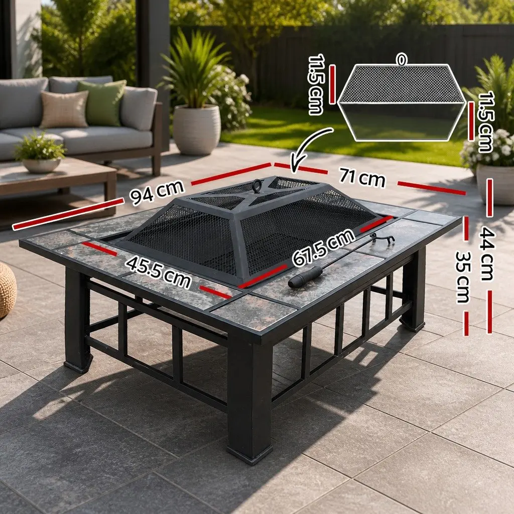 3-In-1 Outdoor Table Black Steel Ceramic Tile BBQ Grill Fire Pit Ice Bucket