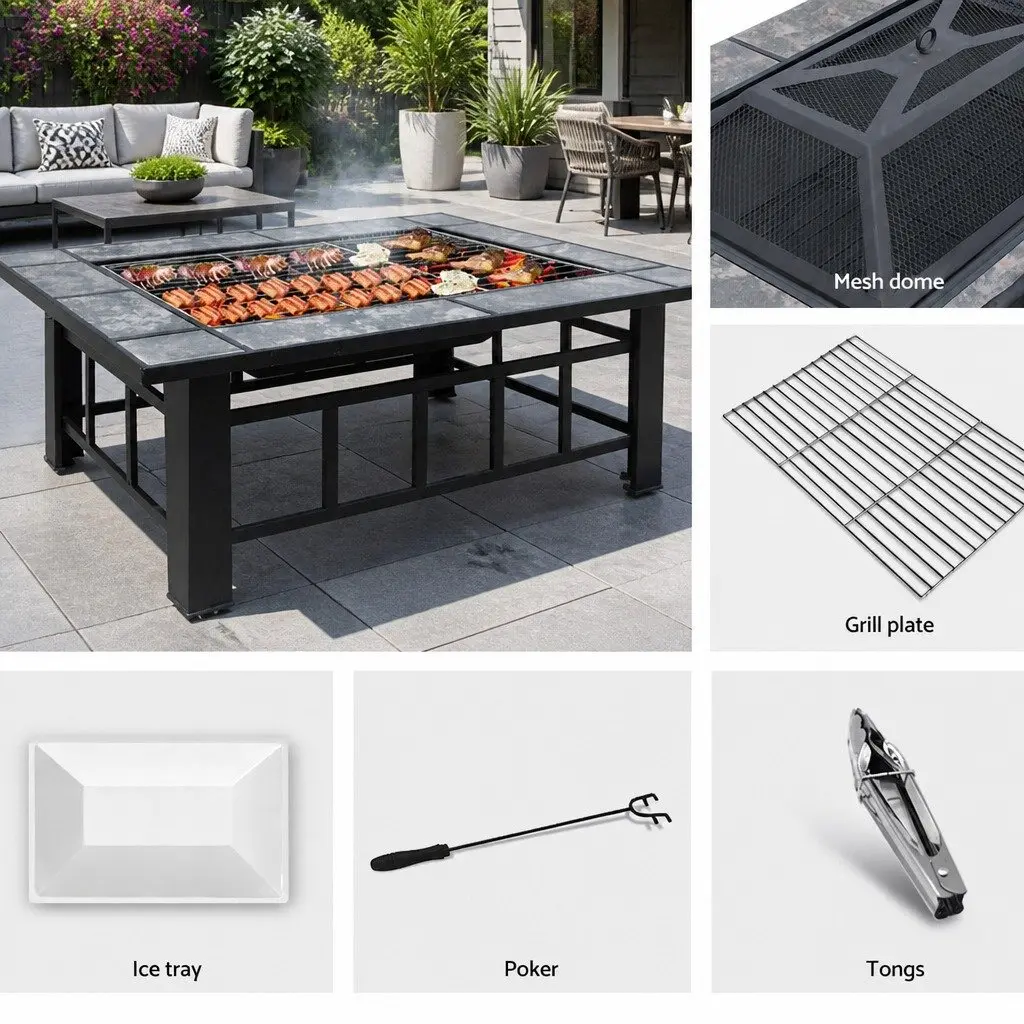 3-In-1 Outdoor Table Black Steel Ceramic Tile BBQ Grill Fire Pit Ice Bucket