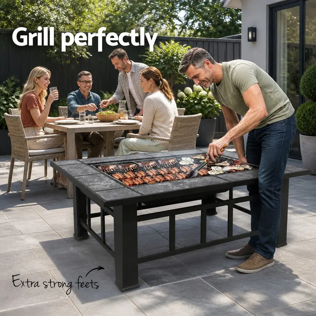 3-In-1 Outdoor Table Black Steel Ceramic Tile BBQ Grill Fire Pit Ice Bucket