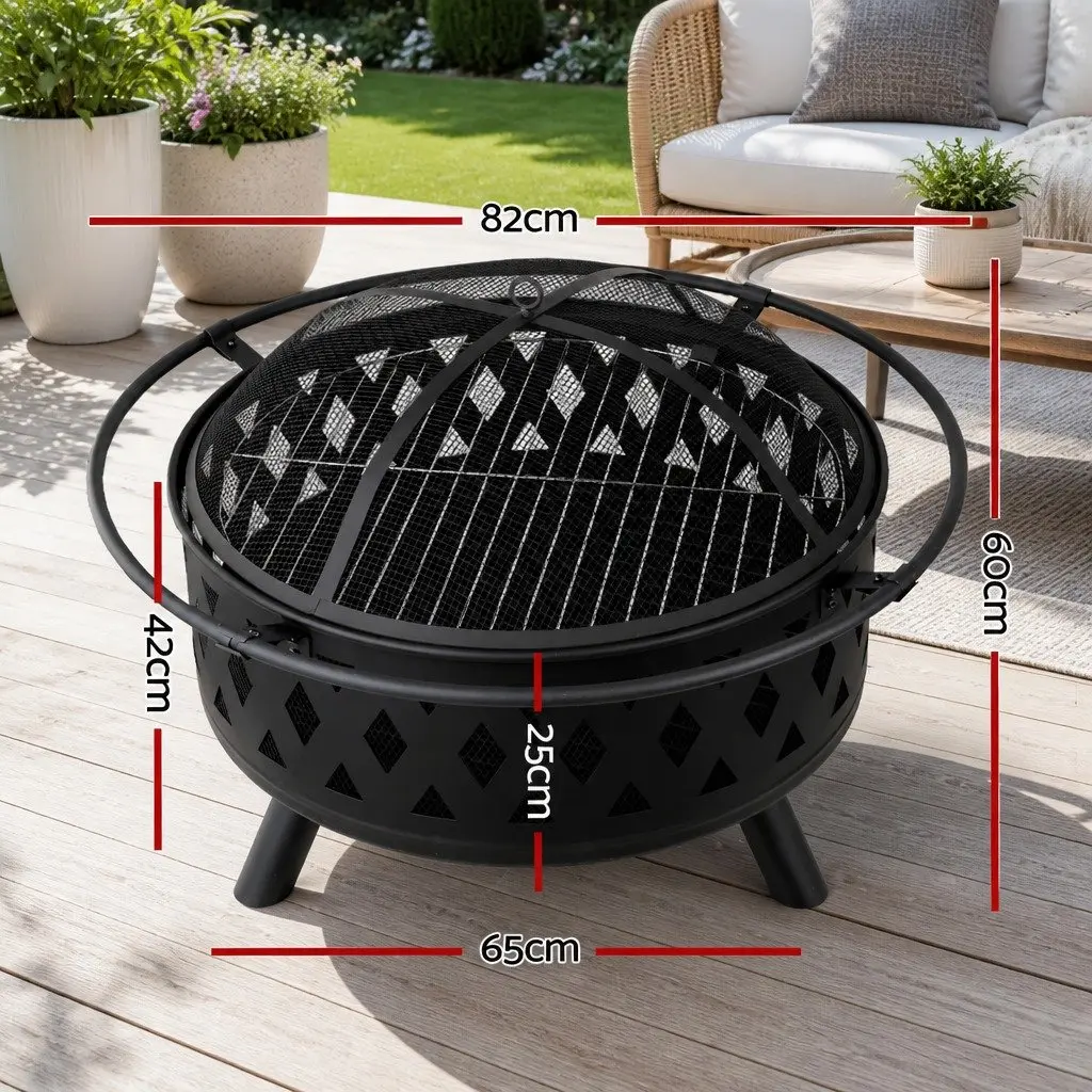 BBQ Grill Fire Pit Steel 82cm Black Outdoor Heating Cooking Garden Patio