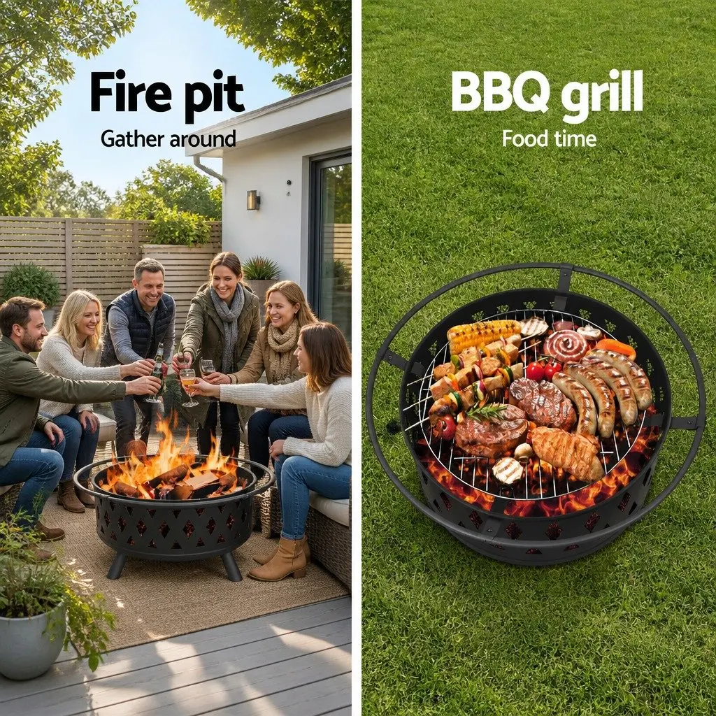 BBQ Grill Fire Pit Steel 82cm Black Outdoor Heating Cooking Garden Patio
