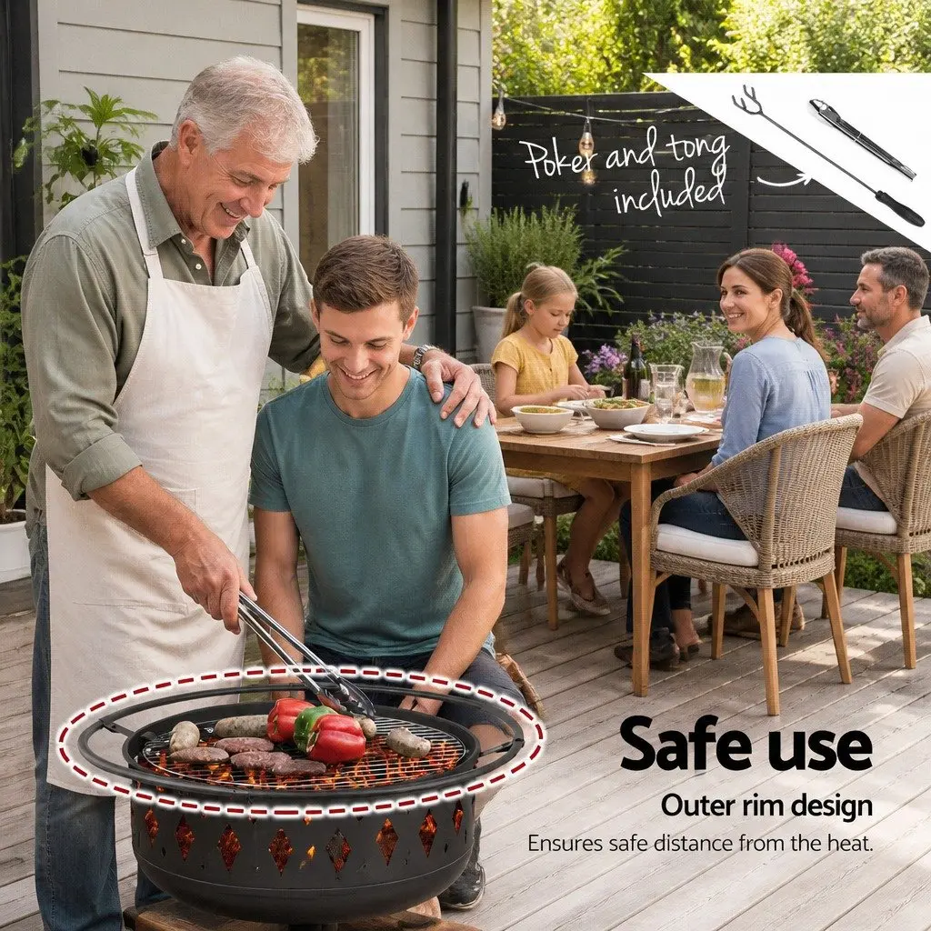 BBQ Grill Fire Pit Steel 82cm Black Outdoor Heating Cooking Garden Patio